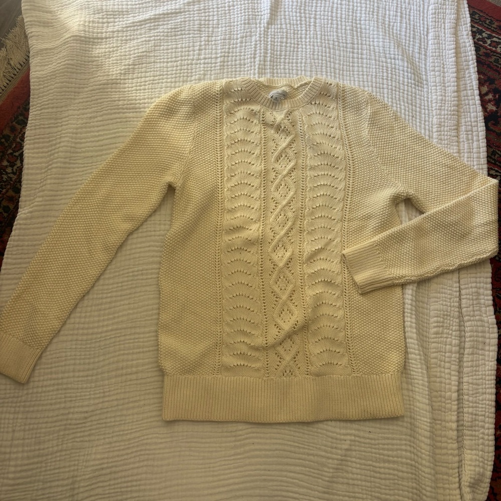 LL Bean Signature cream ivory Pointelle cable knit fisherman pullover sweater